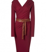 Luxurious wine dress in soft stretch viscose - beautifully soft and flattering jersey - a modern classic from the Donna Karan collection - wrap dress with elegant draping and feminine V -neck decollete - slim, figure -hugging, with sexy tailoring and long sleeves - a fashionable leather belt accentuates this style perfectly - classic knee-length pencil skirt - a very special dress for all your special occasions, from business dinners to cocktail parties - a favorite choice for the style conscious woman. conservative and always in good taste - wear with brown pumps or sandals