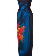 Luxurious evening dress in fine dark blue synthetic fiber blend with tropical floral print - outstanding noble and flattering quality - slim floor length cut with elegant drape which sexily accentuates the silhouette - slim straps - glamorous and sexy, elegant and modern, simply a beautiful evening gown in a great classic color - pair with noble sandals