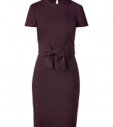 Luxurious dress made ​.​.of fine stretch virgin wool - Beautiful new shade for autumn: burgundy plum - Tremendously elegant and stylish - Feminine sheath cut, with a high round neck and short sleeves - Decorative belted waist with a typical Valentino bow - Figure-enhancing cut, classic mid thigh length - Perfect for business and elegant evening invitations such as exhibitions, theatrical premieres, cocktail parties, dinners - Wear with pumps, peep toes or rhinestone sandals