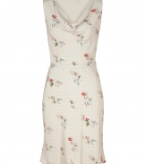 Luxe cocktail dress in fine, pure ivory silk - Feminine floral motif - Lightweight, sleeveless sheath style falls beautifully - Elegant draped cowl neck - Slim, curve-defining cut creates a flattering silhouette - Knee-length skirt flares gently at hem - Zips at side - A polished go-to for parties, dinners and evenings out - Pair with open toe heels or sandals and a clutch