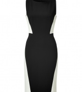 Elegant sheath dress in fine, synthetic fiber blend - Strategic black and cream colorblocking creates a slim, sexy silhouette - Sleeveless bodice with round neck and flattering darts at bust - Pencil skirt hits at knee - Rear vent, zips at back - Sleek and sophisticated, perfect for cocktails, parties and evenings out - Pair with peep toe pumps or strappy sandals and a statement clutch