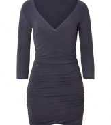 Stylish dress in fine, dark grey cotton blend - Especially comfortable and flattering, thanks to a touch of stretch - Wrap-style bodice with on-trend, 3/4 sleeves and deep v-neck - Curve-hugging, elegantly ruched skirt hits above the knee - Sexy and chic, ideal for cocktails and evenings out - Pair with flat sandals or wedges and a raffia tote or clutch