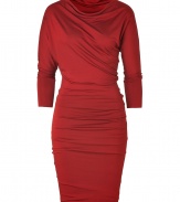 With its soft draped jersey and rich shade of brick red, Plein Suds asymmetrical dress is perfect for taking chic work looks into sultry city cocktails - Draped boat-neckline, 3/4 dolman sleeves, seamed cuffs, extra form-fitting - Scrunch up the skirt and style as a mini-dress with jet black footwear and a streamlined tote