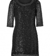 Perfect for your most festive events, Collette Dinnigans statement sequined sheath guaranteed to set your style points soaring - Scooped neckline, elbow-length sleeves, contrast beaded trim, pull-over style - Easy straight fit, falls above the knee - Keep it simple with platform pumps and jet black accessories