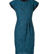 Take on this seasons love for everything lace in LWren Scotts ultra feminine teal sheath, detailed with soft pleating at the waist for an incredibly flattering fit - Rounded neckline, cap sleeves, hidden back zip, kick pleat - Tailored fit - Team with platform peep-toes and a statement box clutch