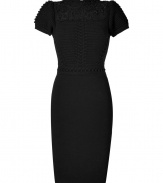 A contemporary, feminine take on the Little Black Dress, Valentinos crochet detailed textural knit sheath is perfect for lady-chic cocktails - Rounded neckline with buttoned key-hole cutout at nape, short textural knit puffed sleeves, crochet detailed panel at throat - Form-fitting - Wear with flawless pumps and an oversized leather clutch