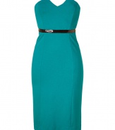 From dinner dates to city cocktails, Catherine Malandrinos turquoise strapless dress cuts a stunning feminine figure - Strapless with a soft V-neckline, edgy black vinyl waistband, exposed metal back zip, kick pleat - Form-fitting - Team with heels and a statement clutch