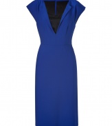 Alluring with a black satin front panel and eye-catching in royal blue, Alberta Ferrettis sharply tailored sheath is a sophisticated choice for your evening events - V-neckline with black satin underlay, cap sleeves, pleated waistline, concealed side zip closure - Tailored fit - Wear with statement heels and a clutch