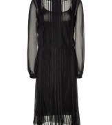 Ultra feminine with its sheer lace paneling and sophisticated long sleeves, Alberta Ferrettis pinstriped silk dress is an elegant choice for your evening affairs - Round neckline, long sleeves, buttoned gathered cuffs, pleated front and back paneling, self-tie grosgrain sash around the waist, belt loops, hidden side snaps, spaghetti strap lining - Softly tailored fit - Wear with platform pumps and a streamlined envelope clutch