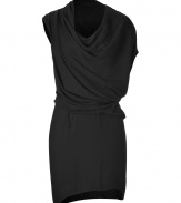 A classic example of the iconic Helmut Lang look, this asymmetrically draped black dress counts as a must for modern-minimalist wardrobes - Draped asymmetrical neckline, draped cap and short sleeves, exposed metal side zip - Softly draped fit on top, fitted skirt - Wear with flats modern-minimalist accessories