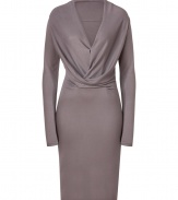 Perfect for taking from work into cocktails, Halston Heritages sleek grey dress is ideal for showcasing colorful accessories - Wrapped V-neckline with drape at waist, long sleeves - Form-fitting - Wear with a dusting of fine jewelry and sleek statement heels