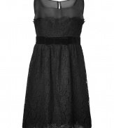 Ladylike in lace, Anna Suis sweet black dress is an exquisite take on cocktails chic - Sheer yolk, sleeveless, tonal velvet sash with flat bow, hidden back zip, scalloped hemline - Tailored fit - Play with contrasts and style with an edgy leather jacket and statement heels