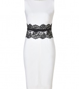 With its immaculate tailoring and delicate lace waist detail, Valentinos wool sheath is an elegant way to wear the brands iconic look - Round neckline, sleeveless, black lace band around the waist, hidden back zip, belted waistline, leather lined fabric bow belt, side belt loops, kick pleat - Tailored fit - Wear with platform sandals and an envelope clutch