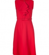 With its immaculate tailoring and softly cascading ruffle, Valentinos stretch sheath is an elegant way to wear the brands iconic look - Round neckline, sleeveless, hidden back zip, belted waistline, leather lined fabric bow belt, side belt loops - Fitted top, full skirt - Wear with platform pumps and an envelope clutch