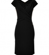 Work a note of hard-edge elegance into your Little Black Dress collection with Moschinos zipper-detailed cap sleeve sheath - Wrapped V-neckline, cap sleeves, side zipper detail, exposed metal back zip - Form-fitting - Wear with statement heels and a box clutch to cocktails