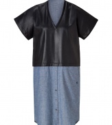 Detailed with a lambskin top and two-tone denim skirt, 10 Crosby Derek Lams mixed-media dress is an edgy way to lend a luxe edge to Downtown looks - V-neckline, short sleeves, button-down skirt, side slit pockets, shirttail hemline, contrast denim back panel - Loose fit - Wear with leather booties and stacks of bangles