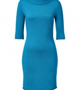 Detailed in a cool shade of Caribbean blue cashmere-silk, Ralph Lauren Blacks luxe knit dress is as uplifting as it is chic - Rolled boat neckline, elbow-length sleeves, pull-over style - Form-fitting - Wear with heels and statement gold jewelry