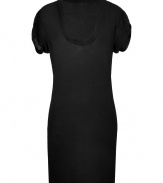 Stylish dress in black cotton - top has a wide scoop neck and short, stylishly draped, gathered sleeves - the skirt is slim, almost knee-length - a comfy fave dress for many occasions - and after wearing, just toss it into the washing machine - with gladiator booties and a boyfriend cardigan