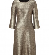 Swing into the new season in 60s style in Goats metallic gold lam? shift - Rounded neckline, 3/4 flared sleeves, hidden back zip, fitted bodice, A-line skirt - Pair with pumps and a jet black clutch