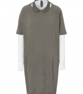 Ultra modern and incredibly chic, Brunello Cucinellis layered cashmere shirt/dress is an exquisitely contemporary take on polished daytime attire - Grey heather stretch jersey shirt with rounded charcoal heather collar, jeweled trim, long sleeves, buttoned key-hold cut-out at nape, snaps into dress - Olive heather cashmere T-shirt dress with rounded neckline, short sleeves, paneled seaming - Form-fitting shirt, easy straight fit dress - Team with flawless pumps and matte metal accessories