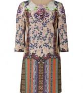 A floral-meets-mosaic print covers this chic shift dress from Etro - Round neck, 3/4 sleeves, mini-length, concealed back zip closure, all-over mixed print - Straight tailored silhouette - Wear with high heel pumps and an oversized satchel for daytime glam