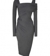 With its effortless cool asymmetrical cut and alluring figure-hugging jersey, Donna Karans draped dress is an ultra contemporary take on cocktail chic - Square neckline, one long sleeve, one thick strap with cut-out shoulder and long sleeve underneath, gathered tiered side detail, pull-over style - Form-fitting - Wear with streamlined accessories and statement sparkly jewelry