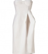 Beautifully constructed and exquisitely modern, this engineered bustier dress from Jil Sander is an incredibly chic take on evening elegance - Princess neckline, strapless, corset-inspired bustier bodice with padded underwire cups, side slit pockets, almond panel down the front, lavender panel down the back, hidden side zip, double back slit - Sharply tailored bodice, modern sculptural pleated skirt - Wear with sky-high platforms and a lady-chic clutch