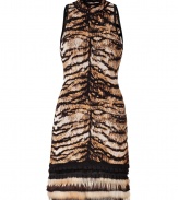 A luxe iteration of the brands iconic look, this fur-trimmed tiger print dress from Roberto Cavalli puts a glamorous spin on cocktail hour - High-neckline with black knit trim, sleeveless, tiered raccoon fur and ruffled black knit trim, pull-over style - Form-fitting - Wear with jet black accessories and statement fine jewelry