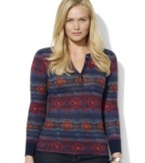 Lauren Ralph Lauren's soft cotton jersey plus size Henley is rendered with a bold allover pattern.