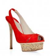 Channel retro starlet style in these sultry heels from Le Silla - Front cork platform and high stiletto cork heel, peep-toe style, supple red suede upper - Style with a ladylike sheath dress, fishnets, and a slim trench