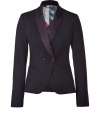 A structured blazer adds a touch of tailored chic to any wardrobe, and this black wool jacket from Paul Smith toes the line between masculine cool and feminine polish - Slim, double-breasted cut tapers through waist - Small collar and contrast, medium width plum lapels - Elegant, two-button closure and two welt pockets - Long sleeves bell gently at cuffs and fasten with buttons - Rear vent - Lush, graphic print lining - Seamlessly transitions from work to evening cocktails, parties and dinners - Pair with leather pants or pencil skirts, skinny dark denim or suit trousers