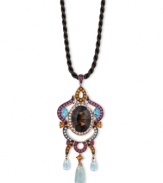 Illuminate your look with a spectrum of color. Le Vian's intricate chandelier pendant combines oval-cut smokey quartz (6-3/4 ct. t.w.), oval and round-cut blue topaz (1-1/4 ct. t.w.), round-cut rhodolite (3/4 ct. t.w.), round-cut citrine (1/2 ct. t.w.), round-cut green amethyst (3-1/5 ct. t.w.), round-cut white topaz (3/8 ct. t.w.) and marquise-cut garnet (3 ct. t.w.). Set in 14k rose gold and strung from a brown silk cord. Approximate length: 18 inches. Approximate drop: 2-3/4 inches.