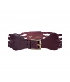 Stylish belt made ​.​.of fine, burgundy leather - Fashionable braided look - The front is simple and narrow in the middle, with a decorative buckle - A top accessory that you can wear in many ways: over tunics and dresses (accentuates the waist), with the new wide trousers (focuses on the hips) - Fits wih a romantic hippie look, as well as a business or glamorous jet-set look