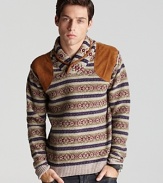 Suede trim at the collar and shoulders bring an earthy charm to the striped shawl collar sweater.