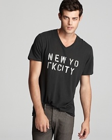 When you consider the material – a unique blend of hemp and soft organic cotton – you know this shirt's on the level. Featuring a stenciled graphic front design that spells NEW YORK CITY.