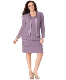 Make a stylish impression in this long-sleeved plus size dress from Patra. Beaded borders and flirty tiers make is a standout style, perfect for your next special occasion.