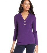 Cool metal claps up the ante on Charter Club's petite sweater. The V-neckline gives it casual appeal -- perfect for pairing with jeans!