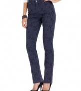 These eye-catching petite jeans from Charter Club feature a charming lace floral print and flattering straight leg!