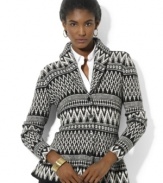 Lauren Ralph Lauren's bold pattern enriches a sophisticated shawl-collar petite sweater woven from luxe cotton jacquard for eye-catching warmth.