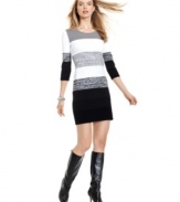 Chic colorblocking and sharp stripes make up this brilliant petite sweater dress from Spense!