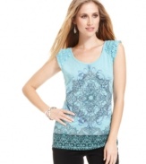 Ruffles, rhinestones and a sweet print create a boho chic look on this petite Style&co. top!