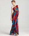 Showstopping in a tall, one shoulder silhouette, Laundry by Shelli Segal's printed gown is vibrant in rich, tropical hues.