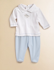 Crafted in lush pima cotton, a newborn's essential collared top and footed pants set features birdie embroidery and contrast stitching. Top Point collarLong sleevesBack snaps Pants Elastic waistbandPima cottonMachine washImported Please note: Number of snaps may vary depending on size ordered. 