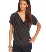 A cowl neckline and metallic accents perk up this petite sweater from DKNY Jeans!