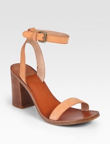 Rustic leather style accompanied by a natural wooden block heel and adjustable ankle strap can be perfectly paired with your favorite floral-print sundress. Wooden heel, 3½ (90mm)Leather upperLeather lining and soleImportedOUR FIT MODEL RECOMMENDS ordering true size. 