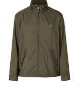 Sporty windbreaker in fine, olive synthetic fiber - A stylish spin on a modern classic from Ralph Lauren - Durable, lightweight material - Small, stand-up collar with zipper embellishment - Long, snap cuff sleeves, slash pockets and full zipper closure - Embroidered polo pony at chest - Slimmer, straight cut - Casually cool and ultra versatile, great for everyday - Pair with jeans, chinos or dressier trousers