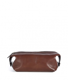 Stash away your travel essentials in Ralph Laurens classic brown leather dopp kit - Embossed logo detailing on front and sides, push-stud detailed side tabs double as carrying handles, top zip, inside zippered back wall pocket - Tuck into chic luggage or duffle bags for trips to the gym