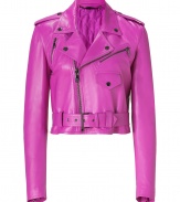 Make a stunning new season debut in Ralph Lauren Collections hyacinth pink lambskin biker jacket, an ultra contemporary take on one of this seasons must-have styles - Notched collar with snaps, long sleeves, zippered cuffs, snapped epaulettes, off-center front zip, zippered slit pockets, snapped flap pocket, belted waistline - Cropped, tailored fit - Wear over everything from jeans and tees to tailored sheath dresses and heels