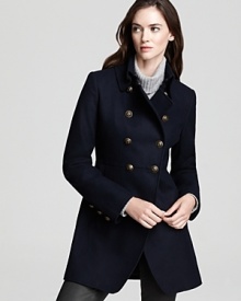 Military-inspiration is front and center on this DKNY double-breasted coat, boasting brass buttons at the collar and front for an authentic touch.