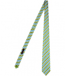 Elegant tie in fine, pure silk - A vibrantly sleek look from Italian luxury label Etro - Bold, apple green and turquoise stripe motif - Medium-width cut is classically cool and polished to perfection - Ideal for work and evenings out - Pair with a crisp, white button down and a dark suit - Also makes a superb gift